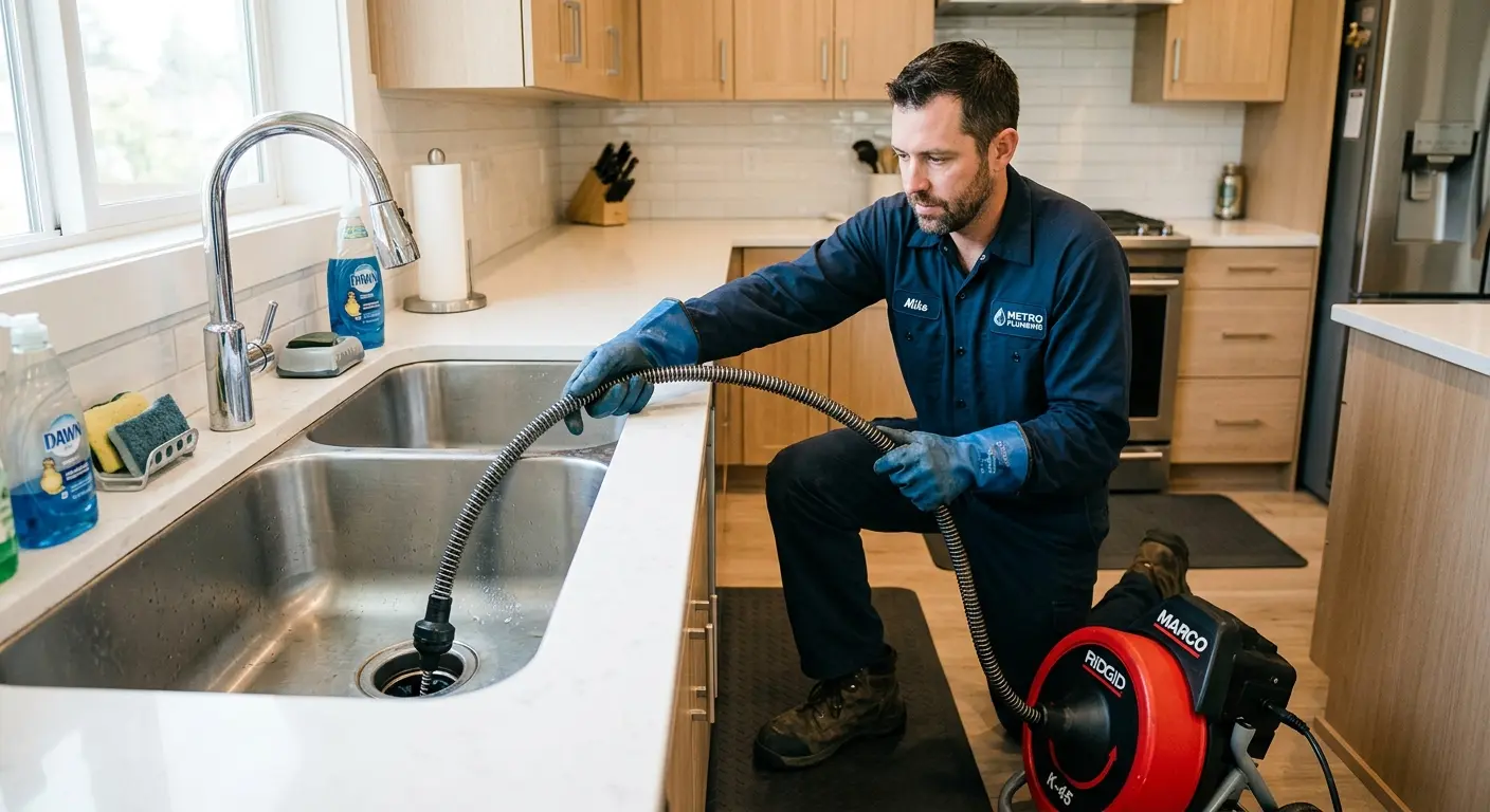 Drain cleaning technician using a motorized snake on a kitchen sink in Bay Minette