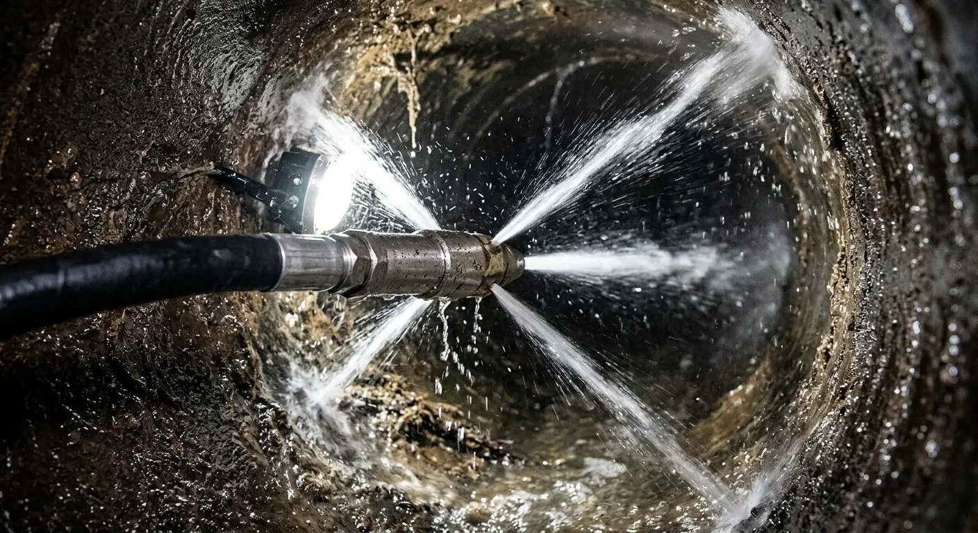 High-pressure hydro jetting nozzle cleaning sewer pipe for Emergency Drain Service in Bay Minette