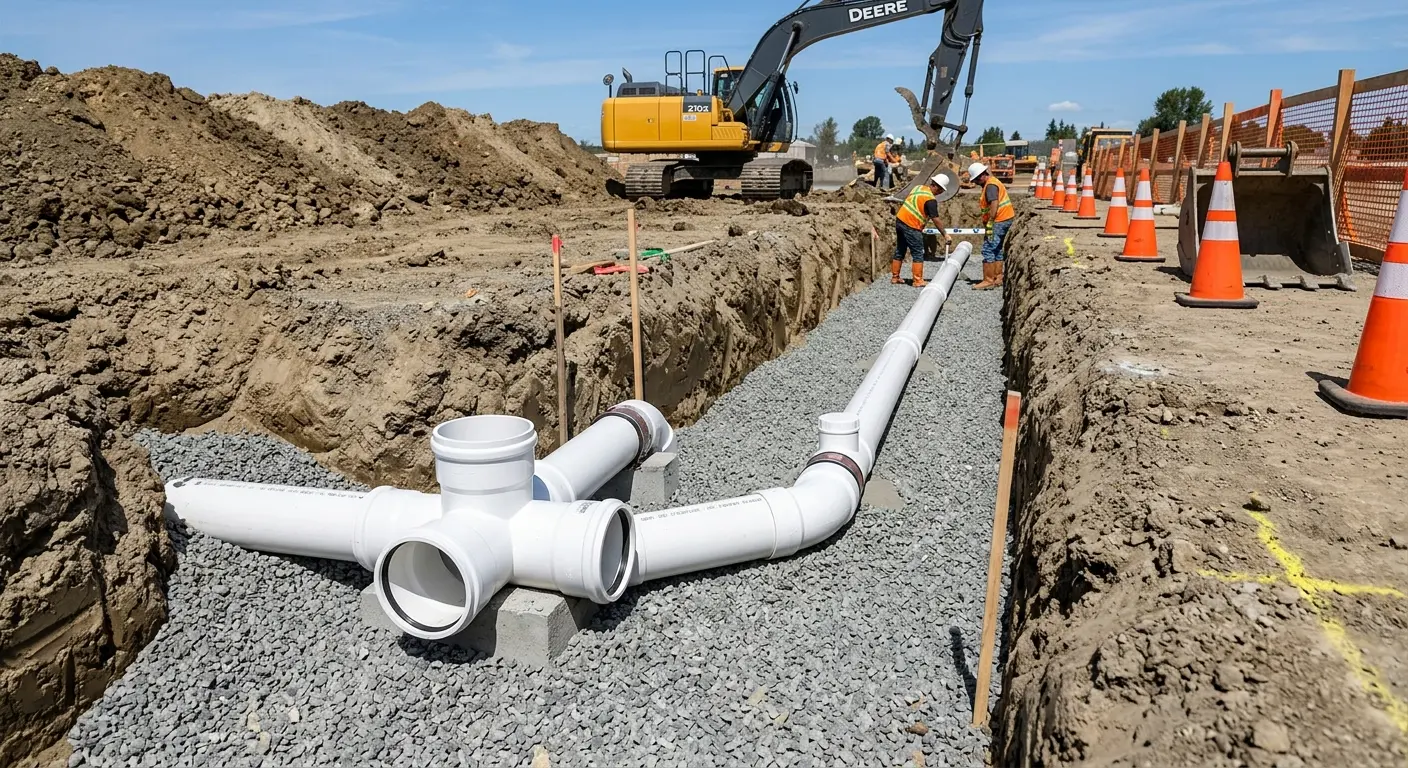 New PVC sewer pipe installation in open trench for Sewer Backup in Bay Minette