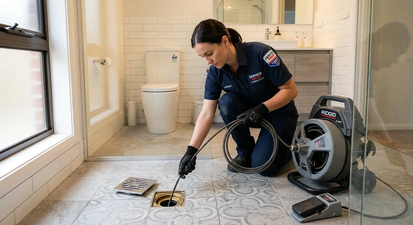 Technician clearing a bathroom floor drain for Hydro Jetting in Bay Minette